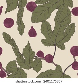 Figs seamless pattern. Antiquity garden, vintage tree, fruit, texture leaf. Art hand drawn illustration on white background. 