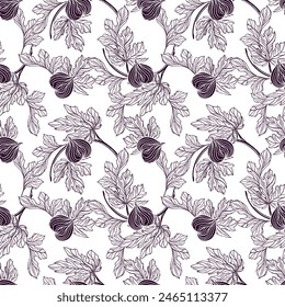 Figs seamless pattern. Curved branches with leaves and fruits. Vector illustration in graphic style. Packaging, covers, fabric, textiles, wallpaper.
