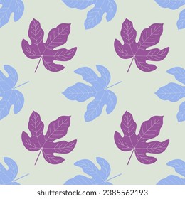 Figes nahtloses Muster mit handgezeichneten Blättern, blauen und violetten Farben.