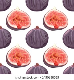 Figs seamless pattern on white background. Halves of ripe figs. Wallpaper, print, wrapping paper, modern textile design. Vector illustration.
