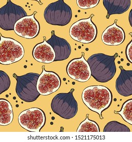 Figs seamless pattern. Realistic fruits in the technique of vintage engraving. Black and white. Vector illustration art. Hand drawing. Kitchen design with food. - Vector