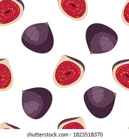 Figs seamless pattern, whole and half fruits, stock vector illustration.