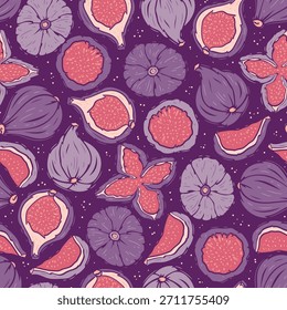 Patrón púrpura sin fisuras de higos. Fondo de fruta vibrante. Dibujo a mano. No la IA. Ilustración vectorial.