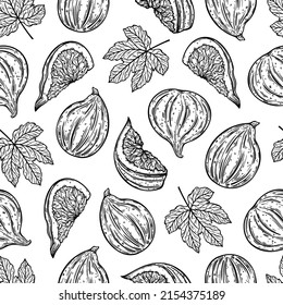 Figs seamless vector pattern. Ripe fruits whole, half, slice, garden tree leaves. Sketch of dessert with juicy pulp, seeds. Monochrome outline of vegetarian plant. Hand drawn background