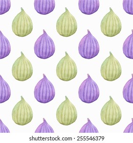Figs. Seamless watercolor pattern with fig on the white background, aquarelle. Vector illustration. Hand-drawn original fruit background. Useful for invitations, scrapbooking, design.