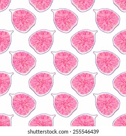Figs. Seamless watercolor pattern with half of fig on the white background, aquarelle. Vector illustration. Hand-drawn original fruit background. Useful for invitations, scrapbooking, design.