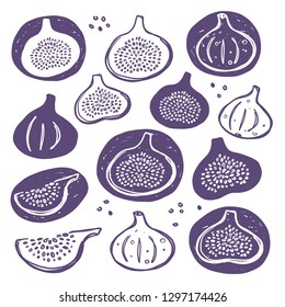 Figs set. Whole, half, sliced, bitten fruits. Ink hand drawn vector illustration. Can be used for cafe, menu, shop, bar, restaurant, poster, sticker, logo, detox diet concept, farmers market