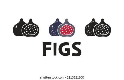 Figs, silhouette icons set with lettering. Imitation of stamp, print with scuffs. Simple black shape and color vector illustration. Hand drawn isolated elements on white background