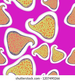 Figs , spots, seeds  dashed lines, labels  seamless pattern. Hand drawn.