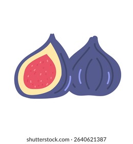 Figs whole and cut piece in flat cartoon design. Natural vitamin fruits, fresh ripe juicy foods for summer picnic. Healthy delicious ingredient for vegetarian diet. Vector illustration isolated.