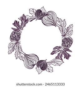 Figs wreath. Round frame with a sprig of leaves and fruits. Vector illustration in graphic style. Cards, invitations, labels, menus, banners, posters.