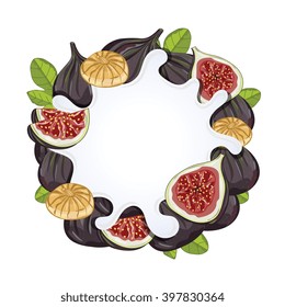 Figs with yogurt splash isolated on white background. Composition vector figs for design packaging of figs yogurt. Close up figs yogurt splash with green leaves. Fruit milk splash