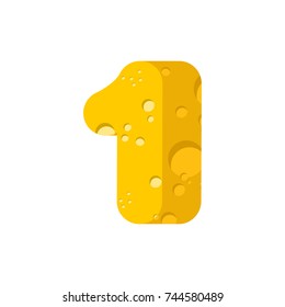 Figure 1 cheese font. numeral one of cheesy alphabet. Dairy Food type sign. Vector illustration