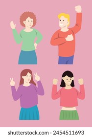 figure of 1 man and 3 woman, wearing casual colorful clothes, with various haircuts, and various pose, in soft pink background