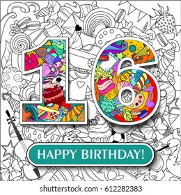 Figure 16 on the background. banner "Happy Birthday". vector illustration.