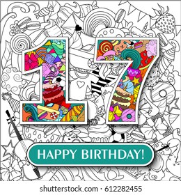 Figure 17 on the background. banner "Happy Birthday". vector illustration.