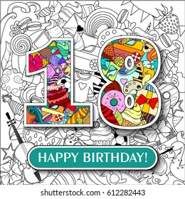 Figure 18 on the background. banner "Happy Birthday". vector illustration.