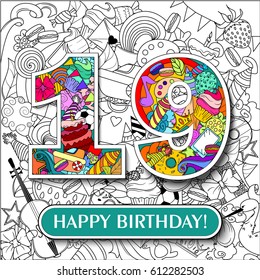 Figure 19 on the background. banner "Happy Birthday". vector illustration.