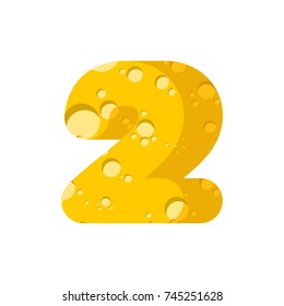 Figure 2 cheese font. numeral two of cheesy alphabet. Dairy Food type sign. Vector illustration