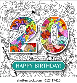 Figure 20 on the background. banner "Happy Birthday". vector illustration.