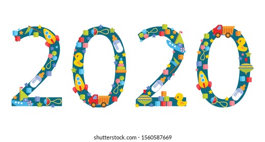 The figure 2020 is laid out with children's toys and characters for newborns. Poster for a children's goods store. Vector illustration in cartoon style.