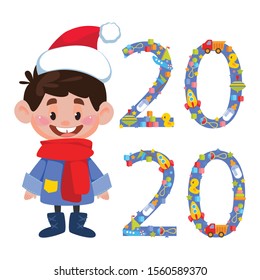 The figure 2020 is laid out with children's toys and characters for newborns. Little boy in red santa claus hat. Poster for a children's goods store. Vector illustration in cartoon style.