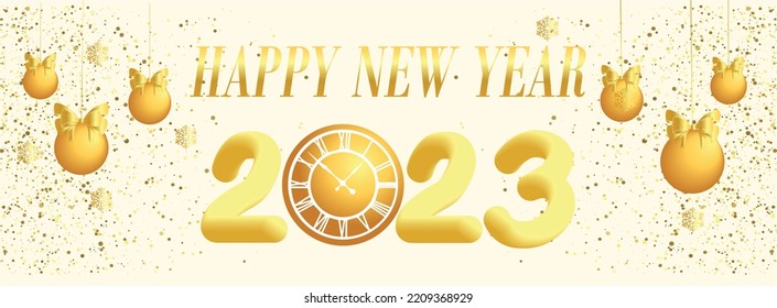Figure 2023 with clock and text HAPPY NEW YEAR on light backgrou