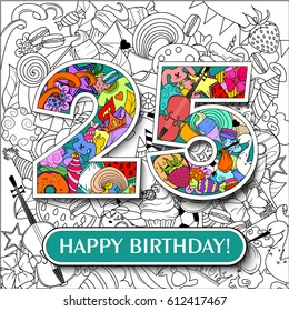 Figure 25 on the background. banner "Happy Birthday". vector illustration.