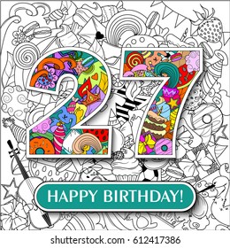 Figure 27 on the background. banner "Happy Birthday". vector illustration.