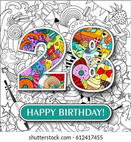 Figure 28 on the background. banner "Happy Birthday". vector illustration.