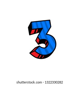Figure 3 in cartoon style. Vector. Dark blue linear, contour figures with blue fill. Bright thick Arabic numerals. Bulk numbers. Patterned fill.