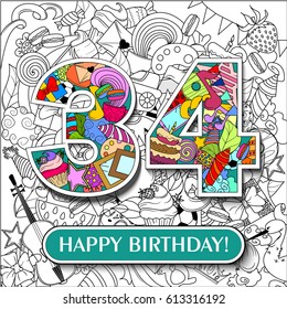 Figure 34 on the background. banner "Happy Birthday". vector illustration.