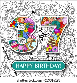 Figure 37 on the background. banner "Happy Birthday". vector illustration.