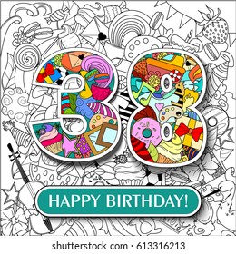 Figure 38 on the background. banner "Happy Birthday". vector illustration.