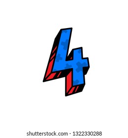 Figure 4 in cartoon style. Vector. Dark blue linear, contour figures with blue fill. Bright thick Arabic numerals. Bulk numbers. Patterned fill.