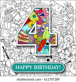 Figure 4 on the background. banner "Happy Birthday". vector illustration.