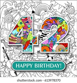 Figure 42 on the background. banner "Happy Birthday". vector illustration.