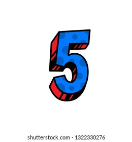 Figure 5 in cartoon style. Vector. Dark blue linear, contour figures with blue fill. Bright thick Arabic numerals. Bulk numbers. Patterned fill.