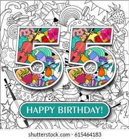 Figure 55 on the background. banner "Happy Birthday". vector illustration.