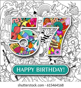 Figure 57 on the background. banner "Happy Birthday". vector illustration.