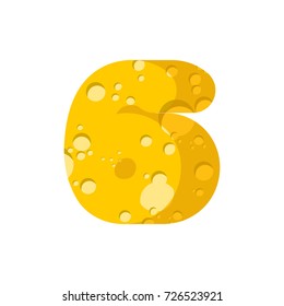 Figure 6 cheese font. numeral six of cheesy alphabet. Dairy Food type sign. Vector illustration
