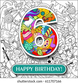 Figure 6 on the background. banner "Happy Birthday". vector illustration.