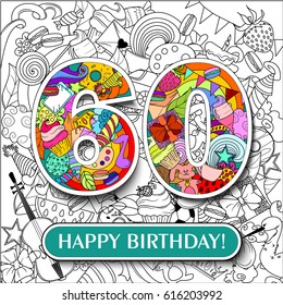 Figure 60 on the background. banner "Happy Birthday". vector illustration.