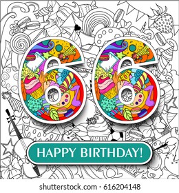 Figure 66 on the background. banner "Happy Birthday". vector illustration.