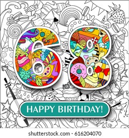 Figure 68 on the background. banner "Happy Birthday". vector illustration.
