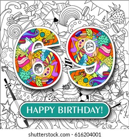 Figure 69 on the background. banner "Happy Birthday". vector illustration.