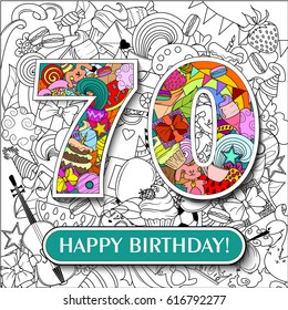 Figure 70 on the background. banner "Happy Birthday". vector illustration.