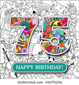 Figure 75 on the background. banner "Happy Birthday". vector illustration.