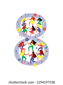 Figure 8 surrounded by dancing women. Women dance in figure 8. Vector illustration for International Women's Day.
