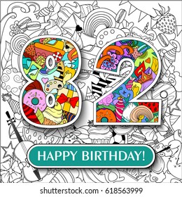 Figure 82 on the background. banner "Happy Birthday". vector illustration.